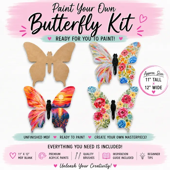Butterfly wood blank art kit with MDF butterfly, paints, brushes, color mixing guide, and painting inspiration from Lightnin'