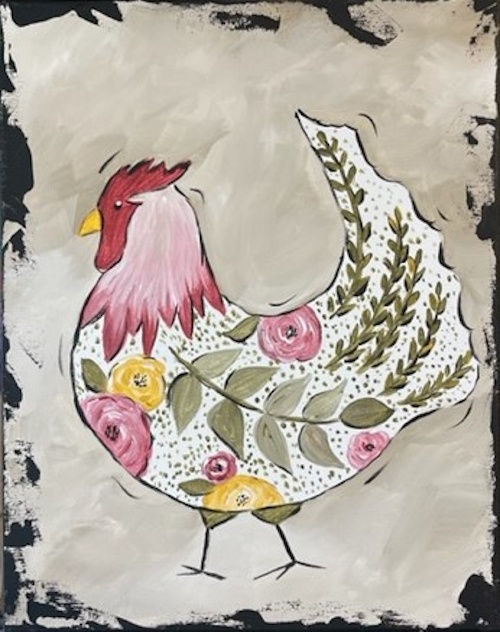 Chicken design with floral and leaf accents, part of the chicken art kit for adults.