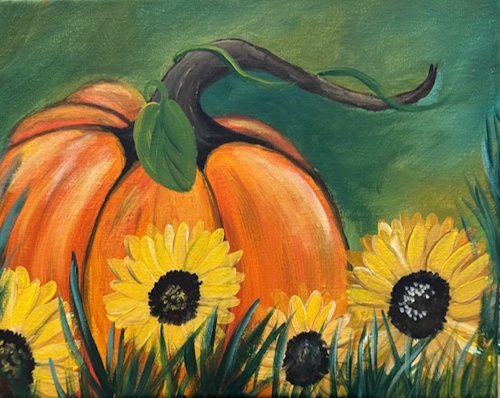 Orange pumpkin surrounded by yellow sunflowers, part of the art kit for adults.