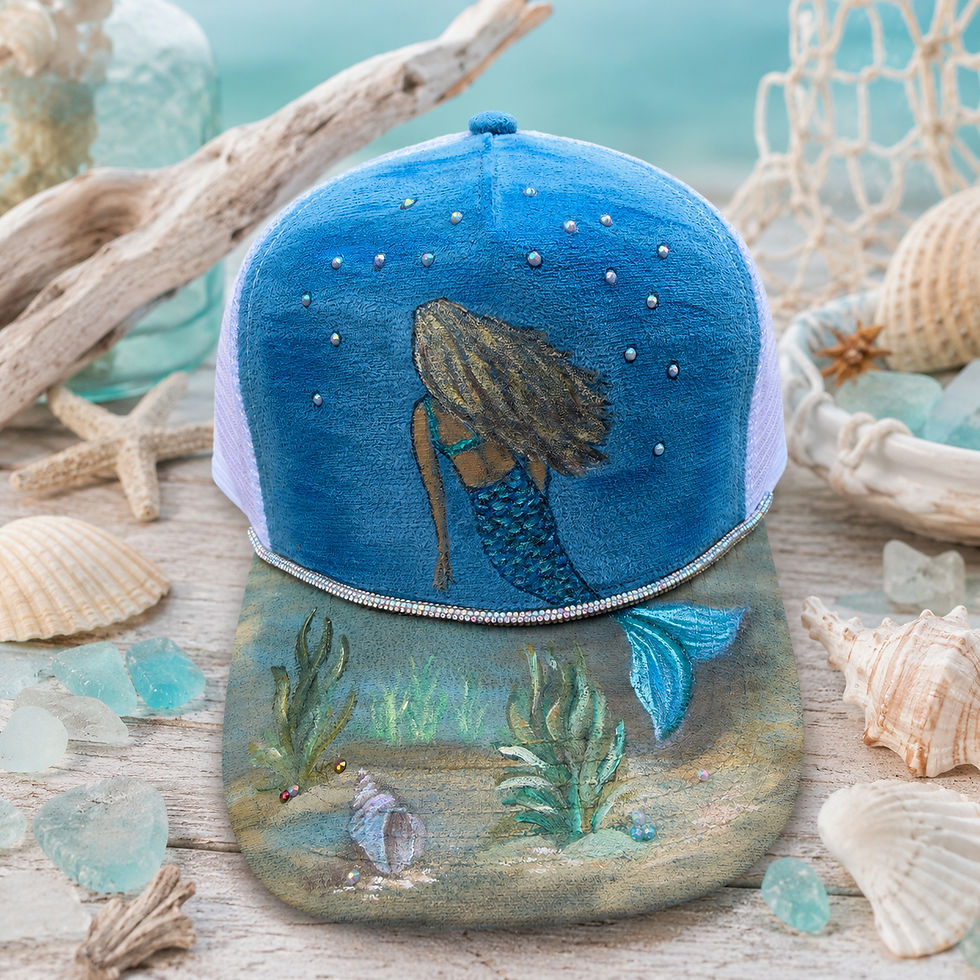 Mermaid Cove hand-burned and hand-painted vegan suede trucker hat.
