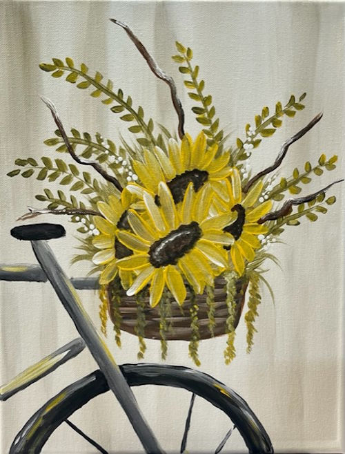 Vintage bicycle with a basket of golden flowers, part of the art kit for adults.