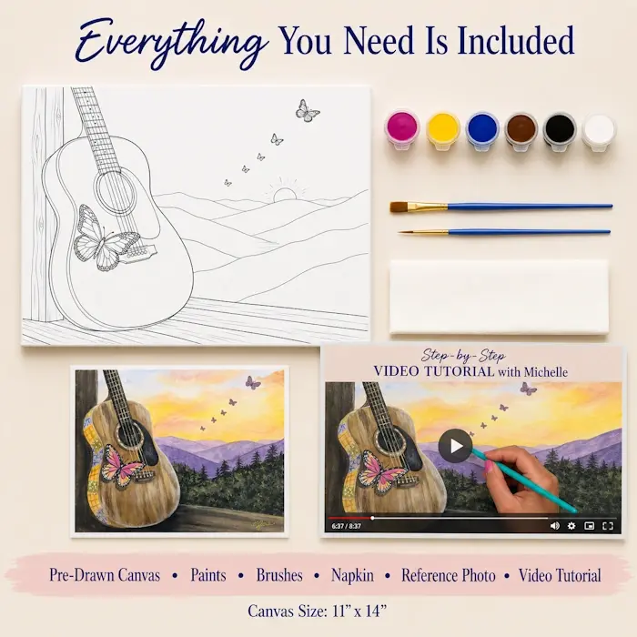 Thumbnail: Smoky Mountain Serenade Art Kit for Adults with pre-drawn canvas, six paint colors, brushes, napkin, reference photo, and vid