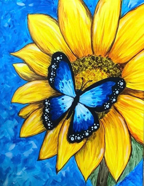 Blue butterfly on a golden sunflower, part of the art kit for adults.