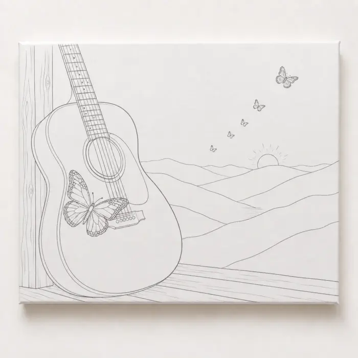 Thumbnail: Smoky Mountain Serenade 11×14 pre-drawn canvas featuring a guitar, butterflies, sun, and layered mountain outlines