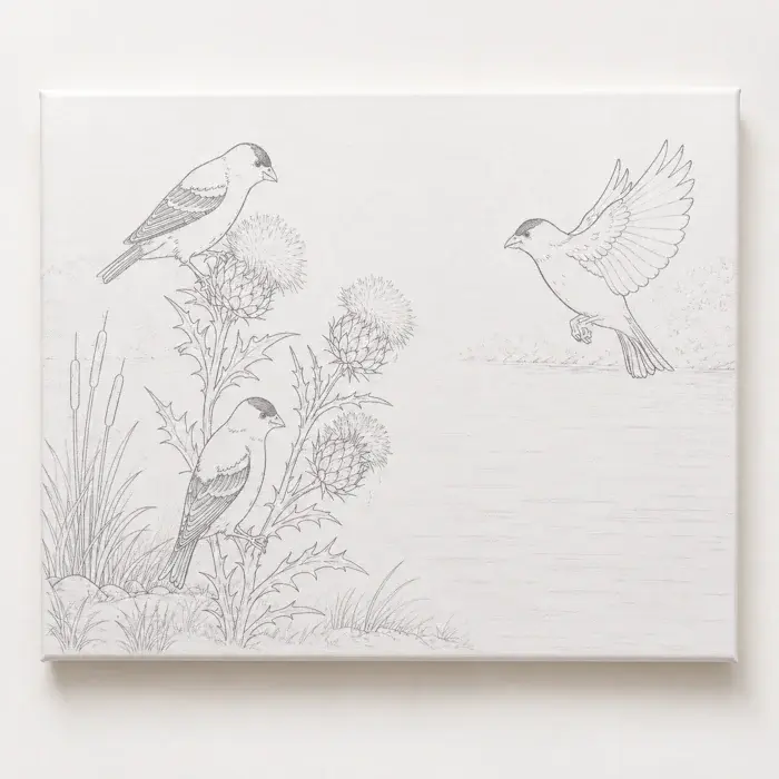Thumbnail: Pre-drawn Golden Gathering canvas featuring three goldfinches and thistle flowers ready to paint