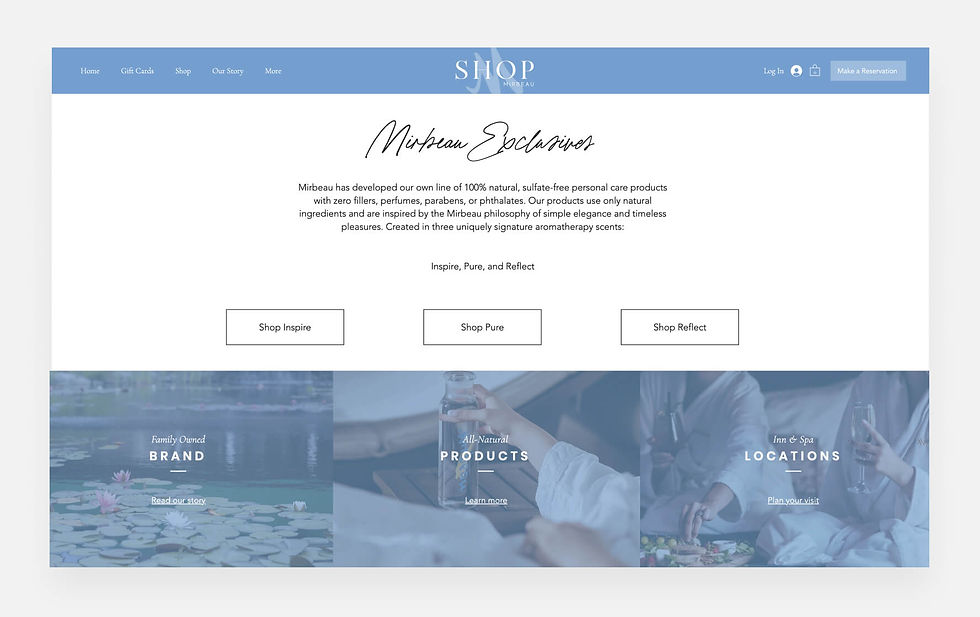 Mirbeau Inns and Spas homepage categories