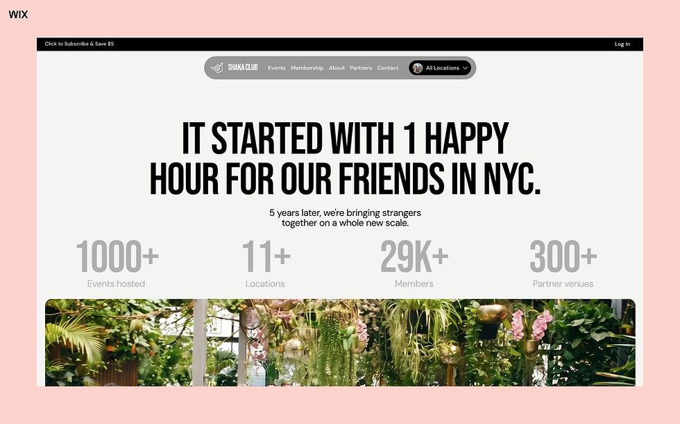 Shaka Club's About page with bold headline, stats, and lush plant photo: 1000+ events, 11+ locations, 29K+ members, 300+ partners
