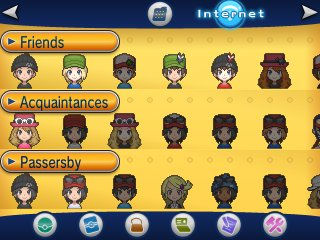 The PSS on the bottom screen shows three rows of player avatars: friends, acquaintances, and passersby.