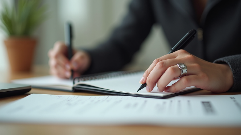 Close-up view of a person writing career goals on a notebook