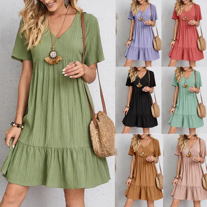 2026 Loose V-neck Short Sleeved Pleated Women Dress Solid Color A-line Beach Dre