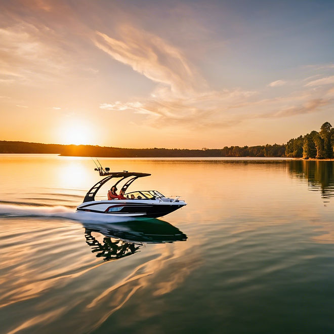 a wakeboat on a lake at sunset with a jetski near by.jpg