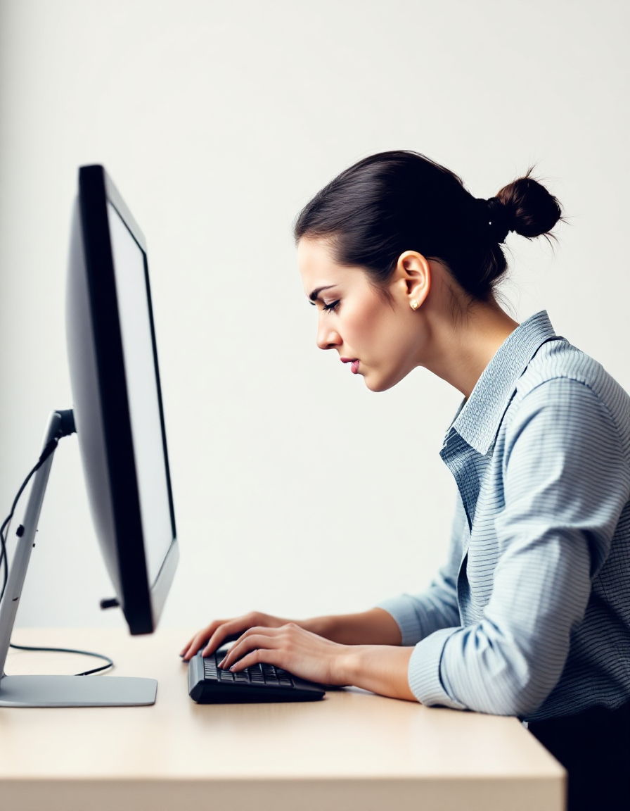 woman sitting at desk with poor posture and headache