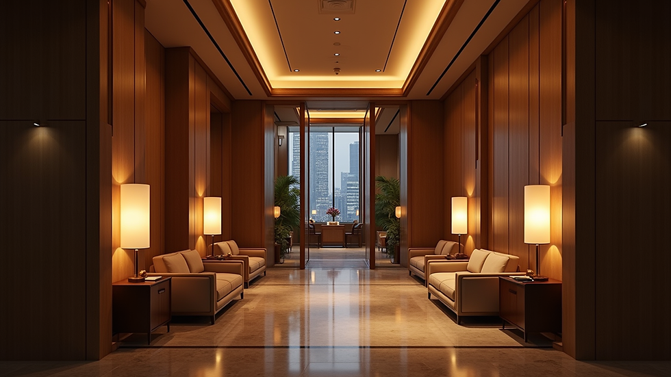 Eye-level view of an elegant lounge with ambient lighting