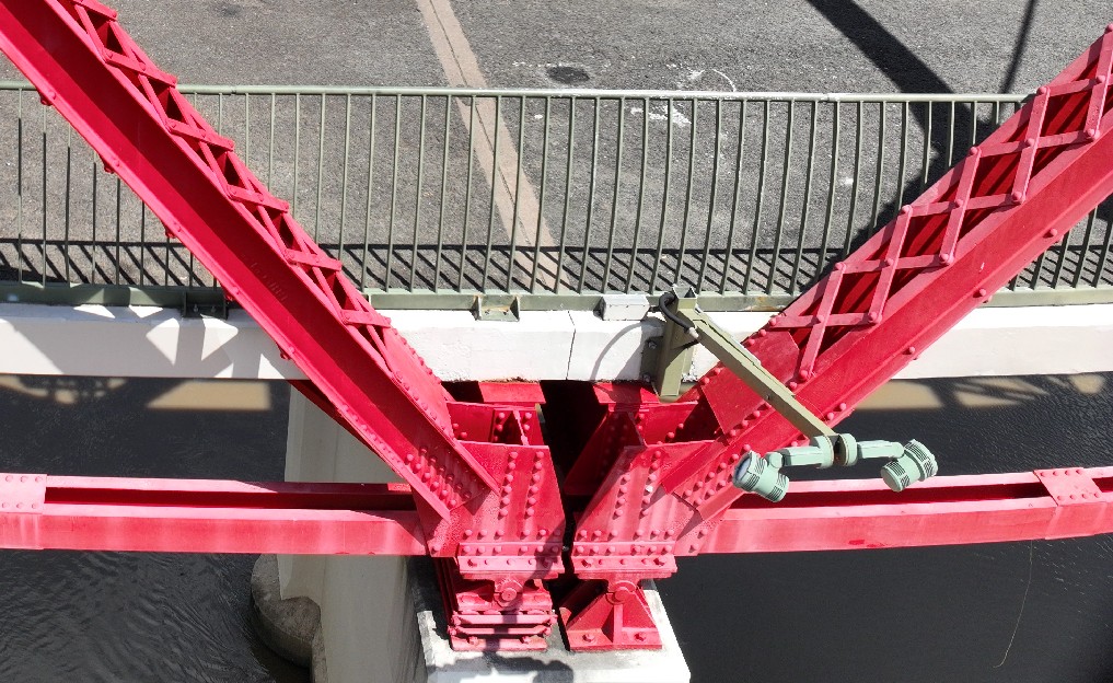 Drone photograph of a riveted steel truss node on the Indooroopilly rail bridge, Brisbane