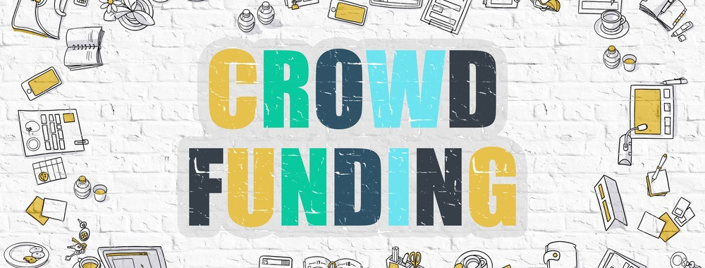 Crowd Funding Concept. Crowd Funding Drawn on White Wall. Crowd Funding in Multicolor. Doodle Design. Modern Style Illustration. Business Concept. Line Style Illustration. White Brick Wall.