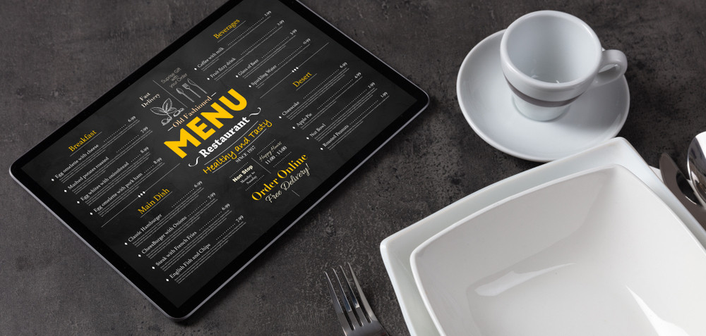 Empty plate and tableware with online order menu