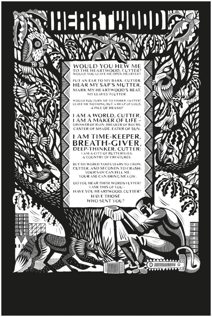 Heartwood by Robert Macfarlane - a spell-poem with linocut poster artwork by artist Nick Hayes