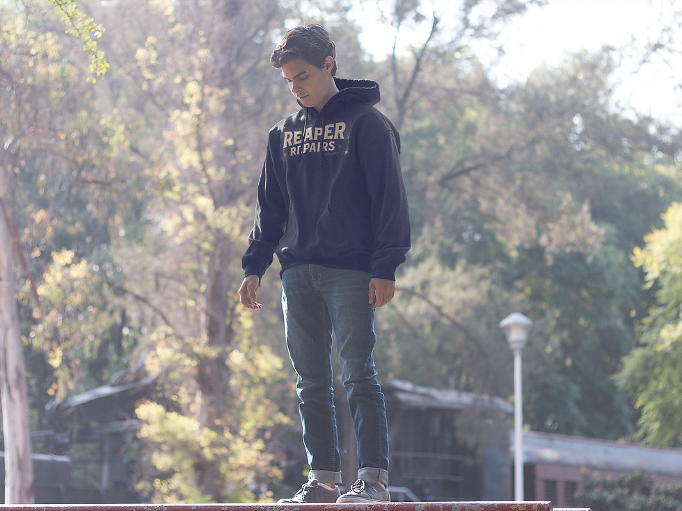 Reaper Repairs Hoodie | Black Cotton Pullover | Vintage Graphic Streetwear Hoodie