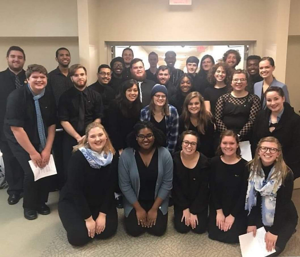 Featured here are almost all the current members of UNCG's chapters of SAI, MPE, and PMA after a joint concert in the community!