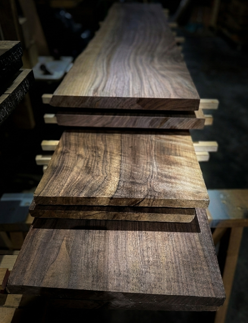 Walnut boards stickered and acclimatizing -- Wood Depot Stabilization Protocol