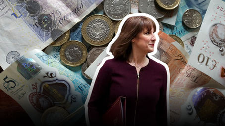 Rachel Reeves stands in front of a collage of British currency, symbolising the economic impact of her Spring Statement on UK businesses.