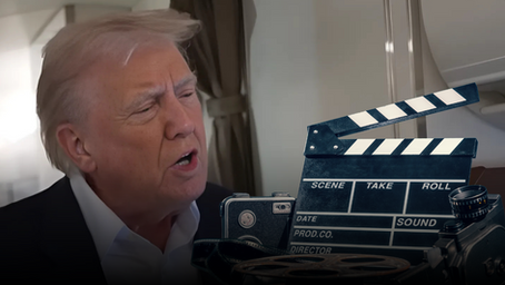 Donald Trump speaking animatedly beside a film clapperboard and vintage camera, symbolising the proposed 100% tariff on foreign-made films.