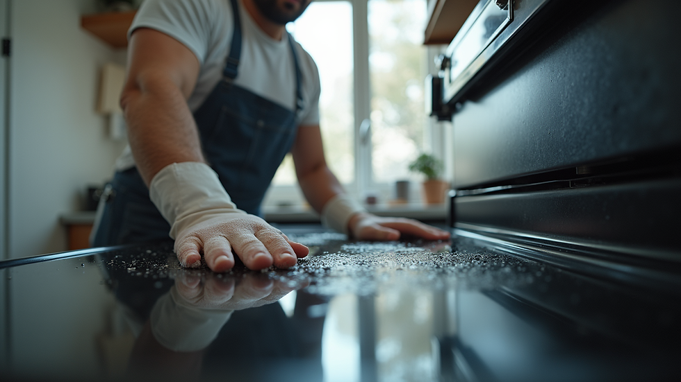 Eye-level view of a professional cleaner deep cleaning a kitchen stove