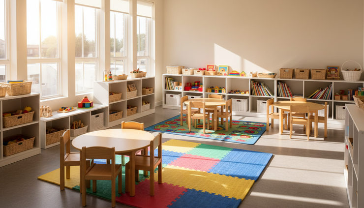 Wide-angle view of a bright creche playroom with clean tables and neatly stored toys