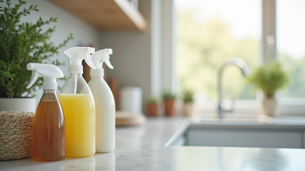 Eye-level view of a clean kitchen counter with natural cleaning supplies