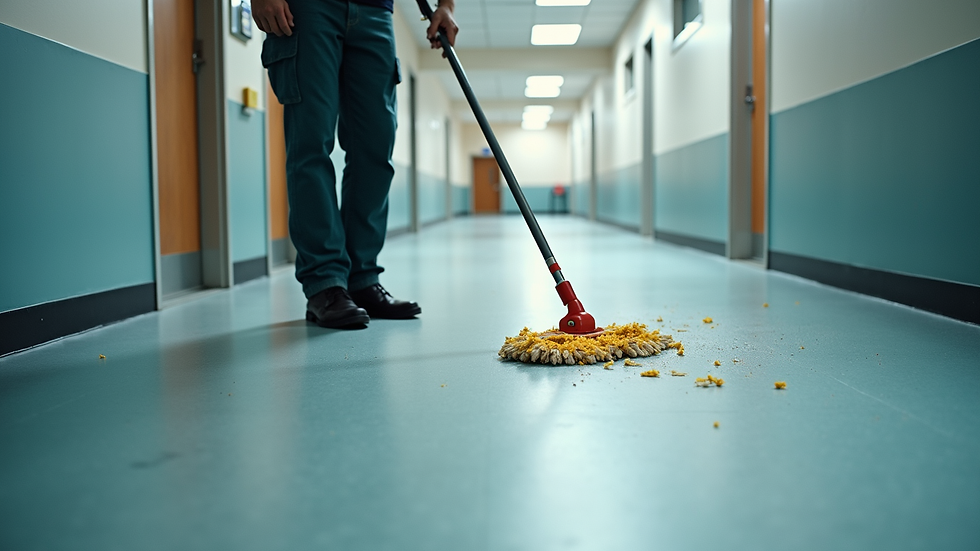 High angle view of a janitor cleaning a commercial floor with a mop