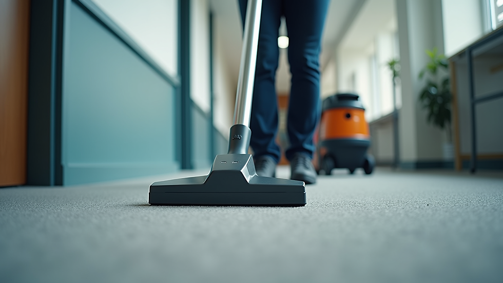 Eye-level view of a commercial cleaner vacuuming an office carpet