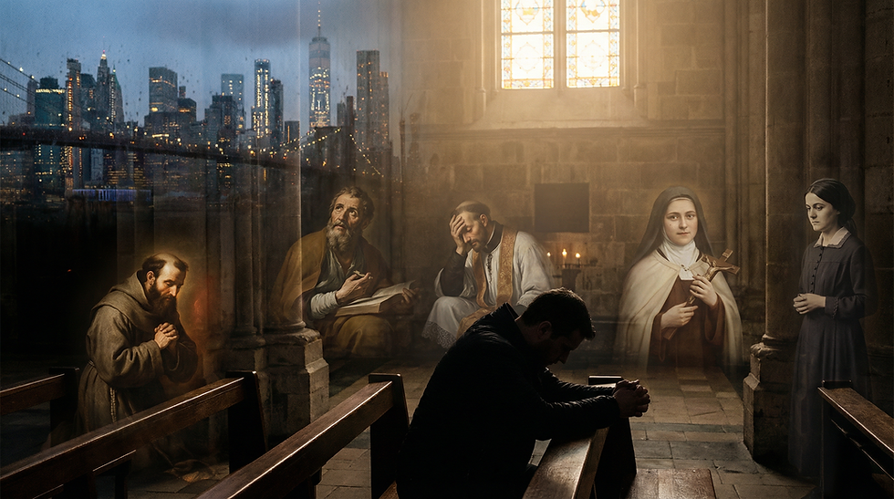 En el silencio de una iglesia, un hombre inclina la cabeza mientras las sombras de santos que también atravesaron la noche parecen acompañarlo: la fe no borra la depresión, pero la habita con esperanza, memoria y una presencia que no abandona.