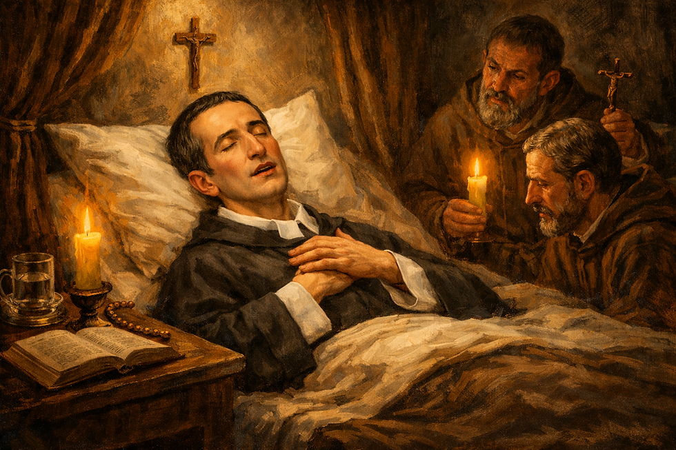 El Hermano Miguel Febres Cordero es asistido por sus hermanos religiosos en sus últimas horas, mientras la oración y la luz de las velas acompañan su tránsito hacia Dios, reflejando la serenidad y la fe con la que abrazó el final de su vida.