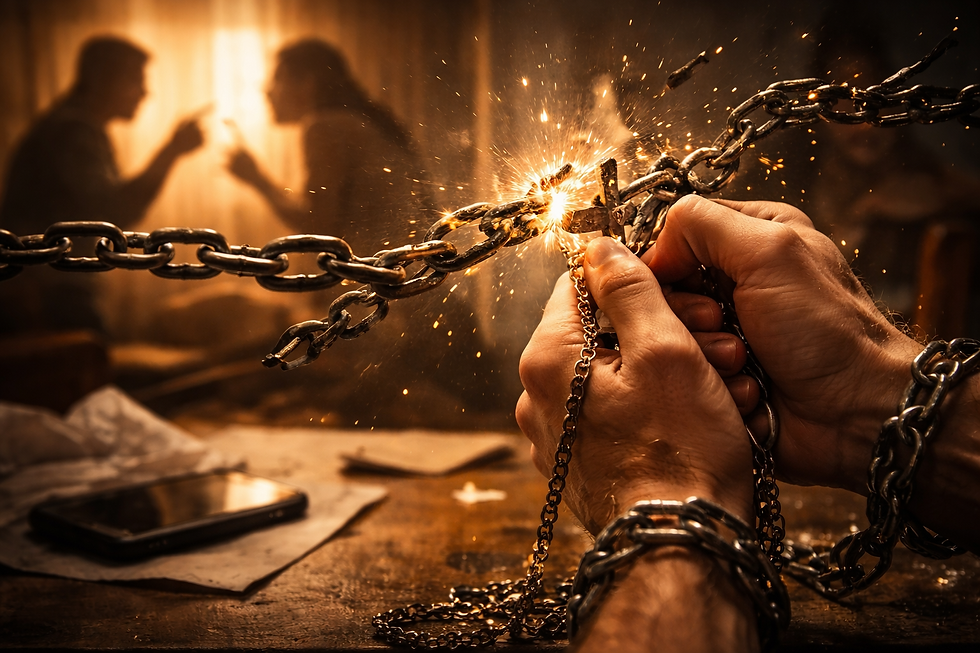 Entre chispas y cadenas que se rompen, unas manos aferran el rosario como única arma: mientras el mundo grita y acusa en la sombra, la fe comienza a desatar lo que el odio había encadenado.