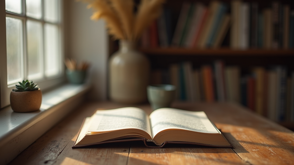 Eye-level view of a cozy reading nook with mental health books