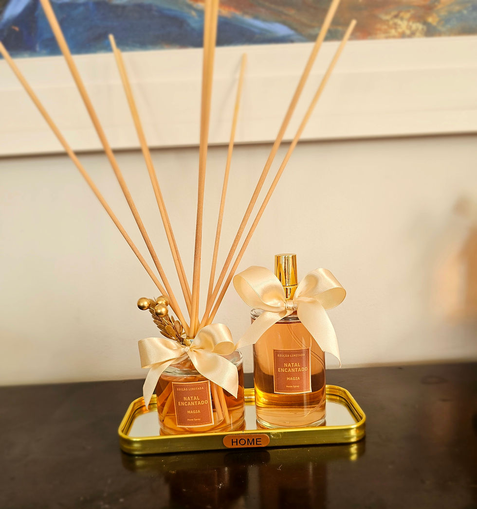 Kit Home Spay e Difusor Magia 240ml Varetas 40cm + Bandeja Home Dourada