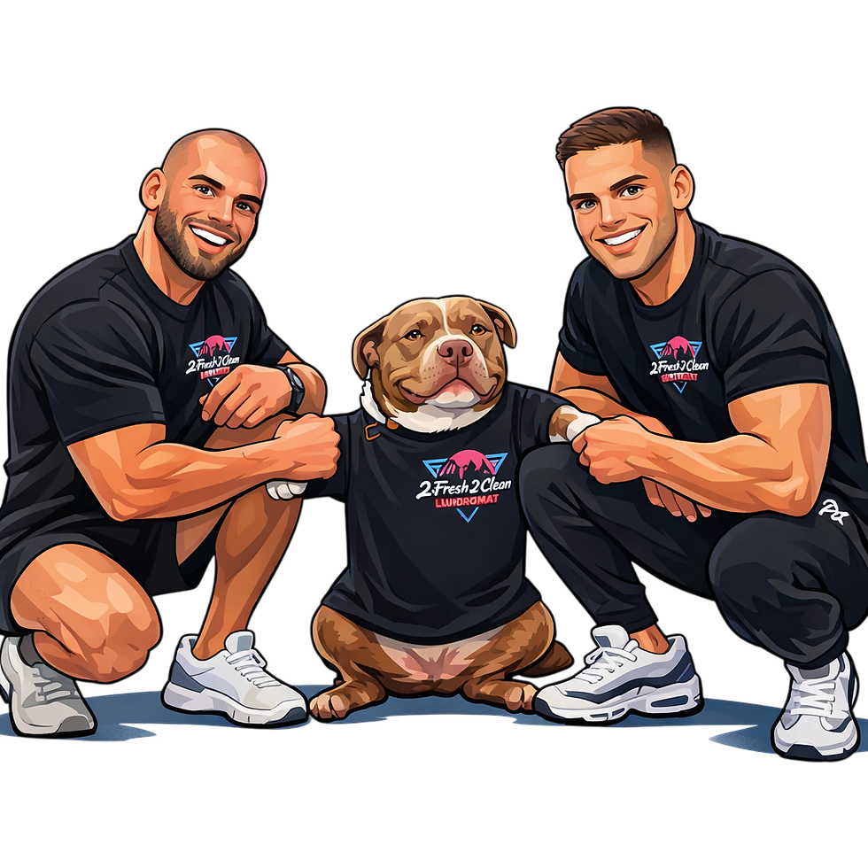Two men and a bulldog wearing matching Ruse t-shirts