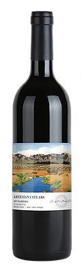 Artesian Cellars 2015 Barbera bottle shot with desert scene and stream label.