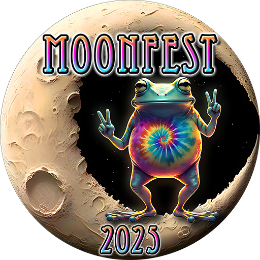 A frog in colorful tie-dye poses with peace signs on a moon backdrop. Text reads "MOONFEST 2025" in bold letters above and below.