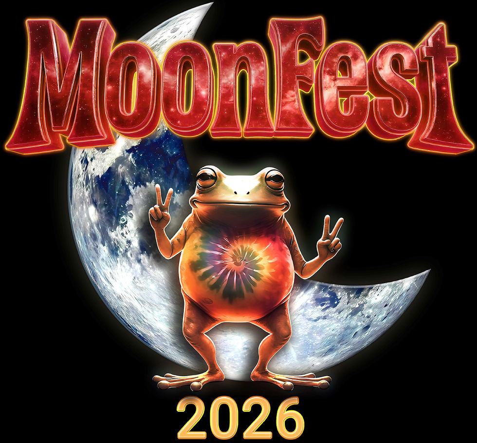 MoonFest 2026 poster with a smiling frog flashing peace signs in front of a moon on a black background.