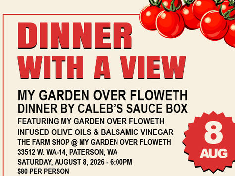 Poster for Dinner With a View at My Garden Over Floweth, Aug 8, 2026, with tomato art, menu items, and QR code.