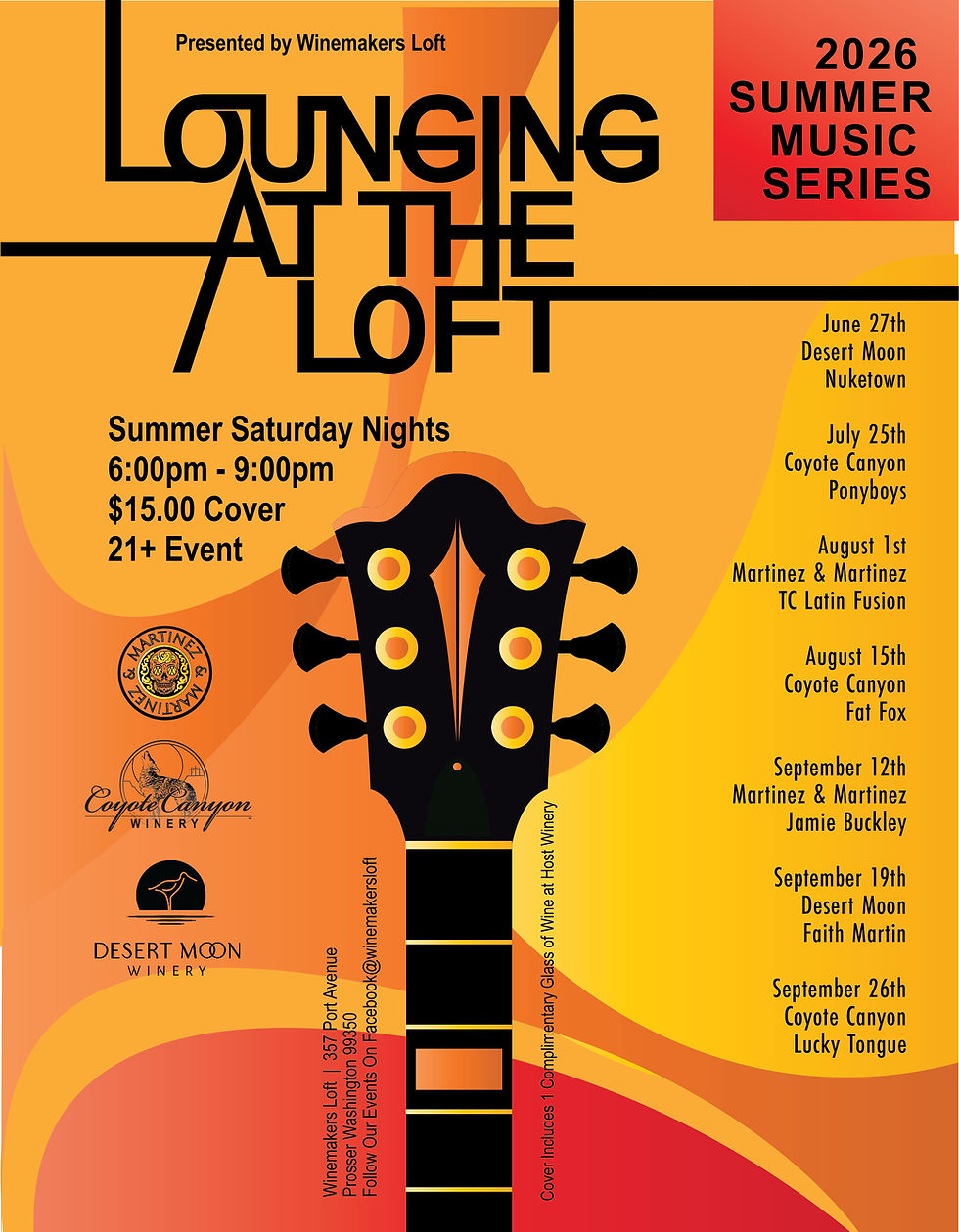 Vintage-style poster for "Lounging at the Loft" 2026 Summer Music Series; guitar headstock design, orange/yellow hues. Events listed with dates.