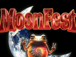 A frog with a tie-dye pattern stands on a crescent moon, showing peace signs. "MoonFest 2026" text is above and below in bright colors.