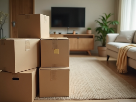 High angle view of neatly stacked boxes in a well-organized living room