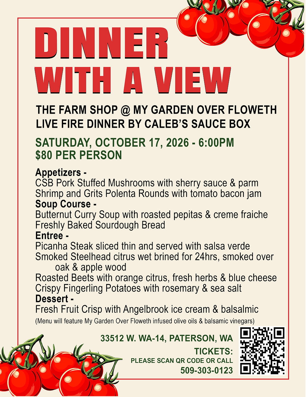 Poster for Dinner with a View farm-to-table dinner, with tomatoes, menu details, date Oct 17, 2026, QR code, and ticket info.
