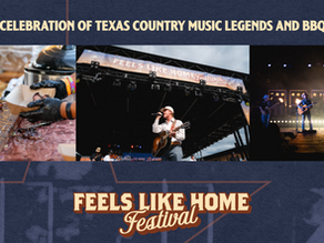 Brownwood, TX's Annual Feels Like Home Festival flyer with a photo of a chef serving BBQ, another photo of a country music singer on stage and the last photo is of a country music band on stage. 