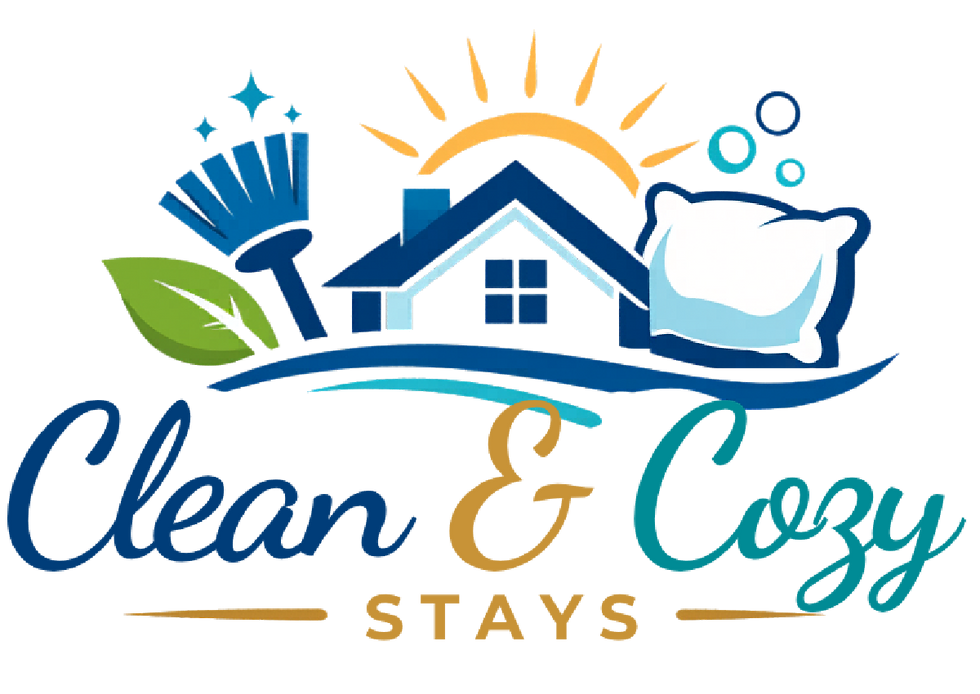 Logo with a house, sun, and bubbles, featuring a leaf and broom. Text: Clean & Cozy Stays. Colors: blue, green, and yellow.