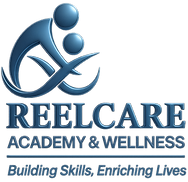 Blue logo with stylized figures and text: "REELCARE ACADEMY & WELLNESS" and "Building Skills, Enriching Lives."