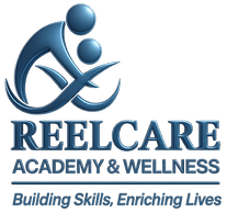 Blue logo with stylized figures and text: "REELCARE ACADEMY & WELLNESS" and "Building Skills, Enriching Lives."