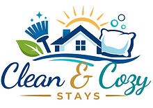 Logo with a house, sun, and bubbles, featuring a leaf and broom. Text: Clean & Cozy Stays. Colors: blue, green, and yellow.